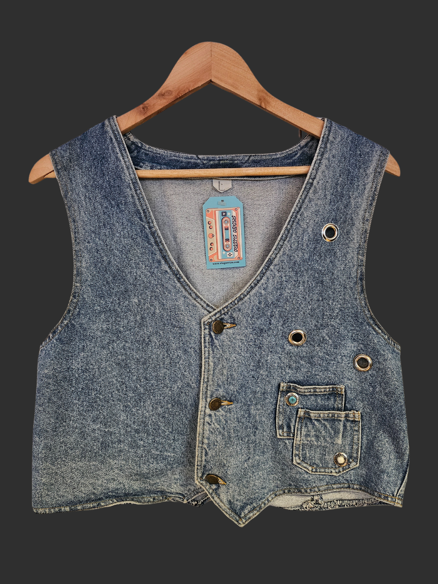 Denim Cropped Waistcoat with Silver and Gem Detail - L