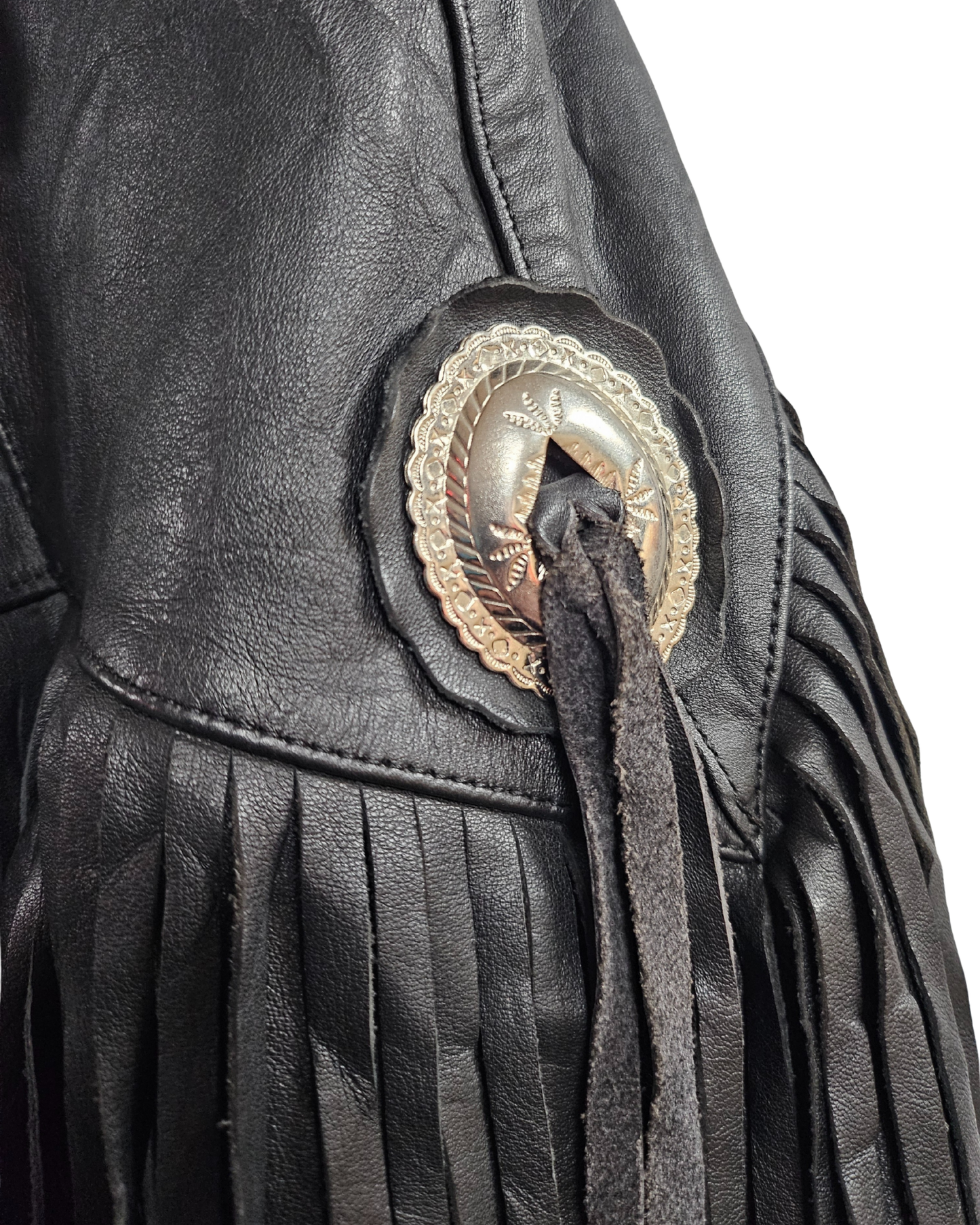 Black Leather Biker Tassel Jacket - XL