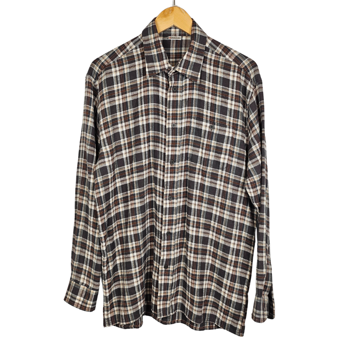 Damart Brown and Grey Check Brushed Cotton Long-Sleeved Shirt - M