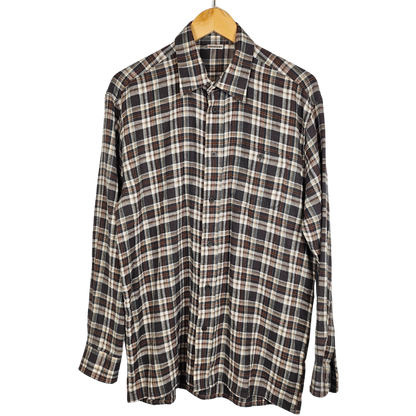 Damart Brown and Grey Check Brushed Cotton Long-Sleeved Shirt - M