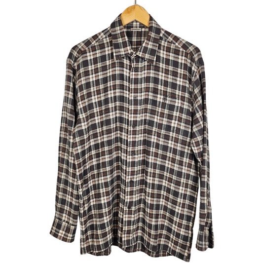 Damart Brown and Grey Check Brushed Cotton Long-Sleeved Shirt - M