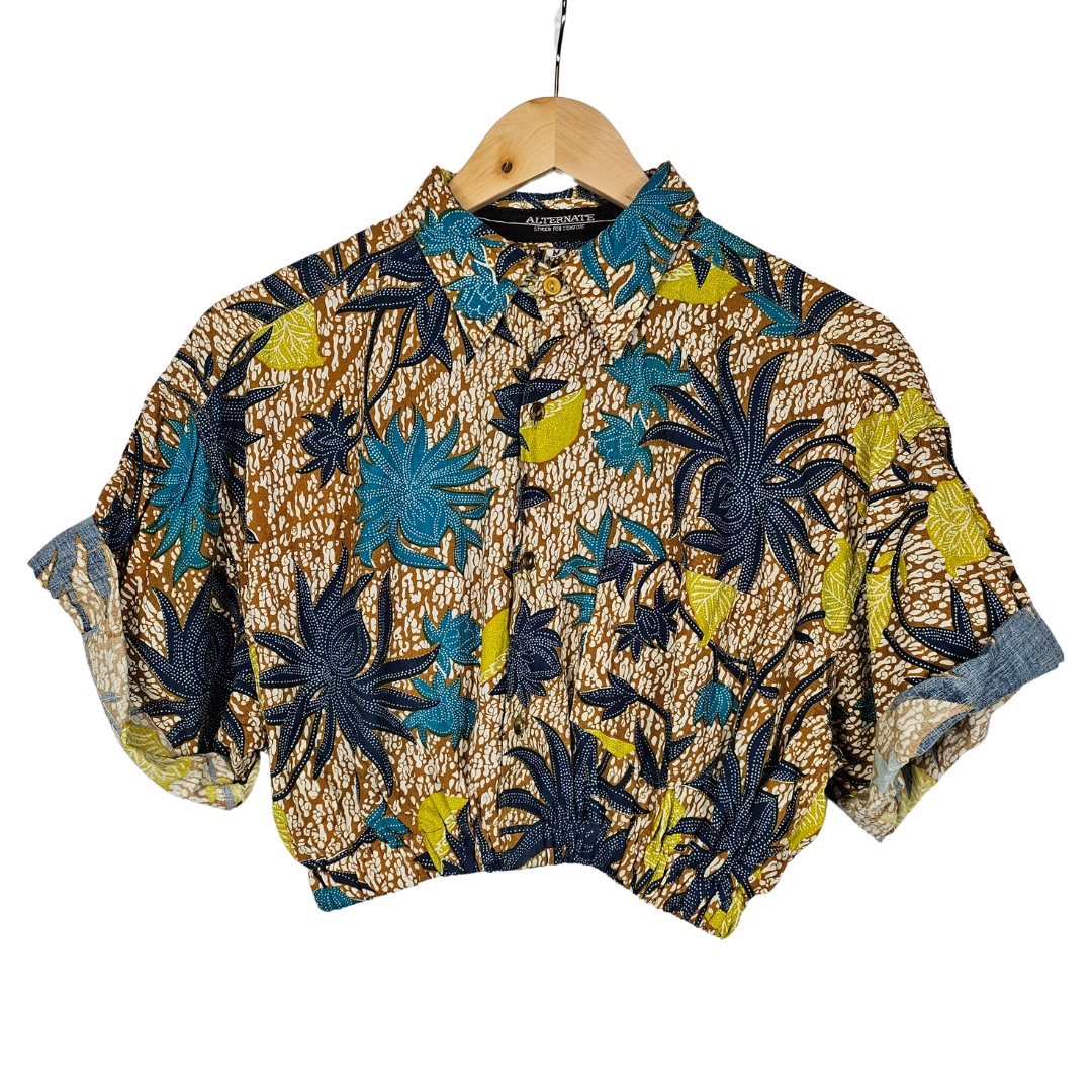 Reworked Cropped Shirt With Tropical Print