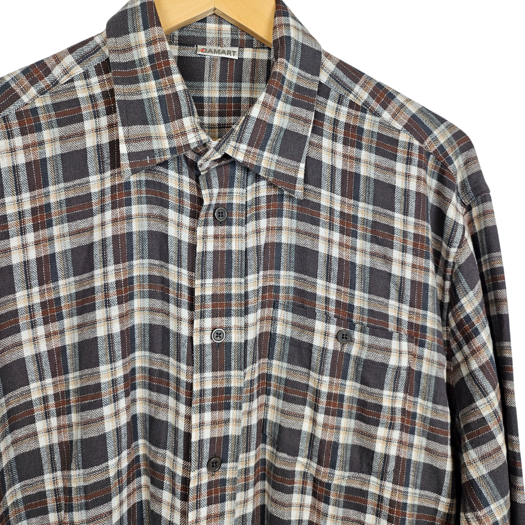 Damart Brown and Grey Check Brushed Cotton Long-Sleeved Shirt - M