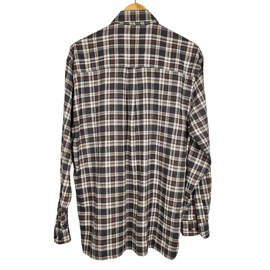 Damart Brown and Grey Check Brushed Cotton Long-Sleeved Shirt - M