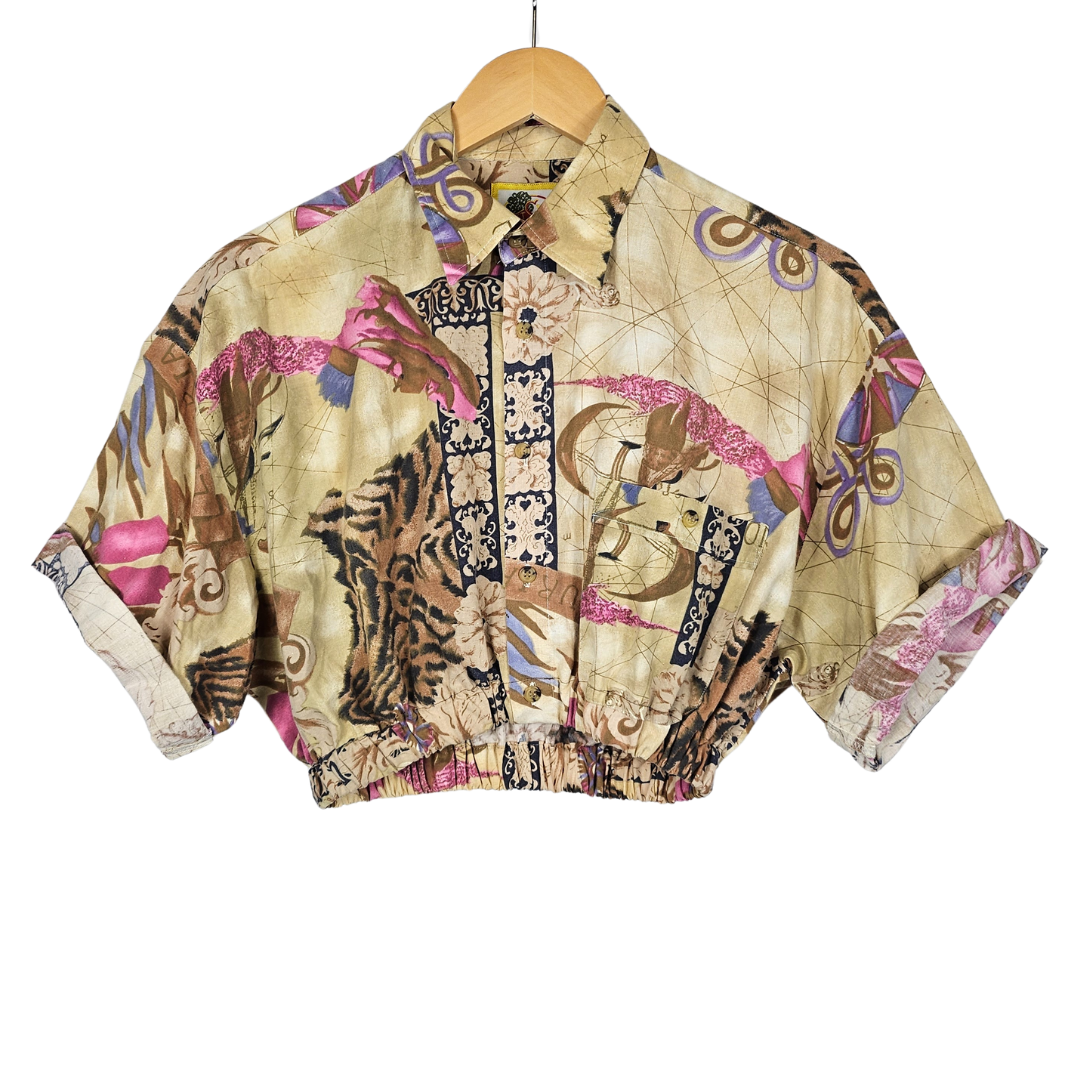 Reworked Cropped Shirt with Brown & Pink Multi Print