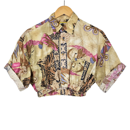 Reworked Cropped Shirt with Brown & Pink Multi Print