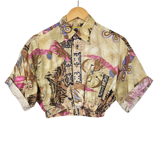 Reworked Cropped Shirt with Brown & Pink Multi Print