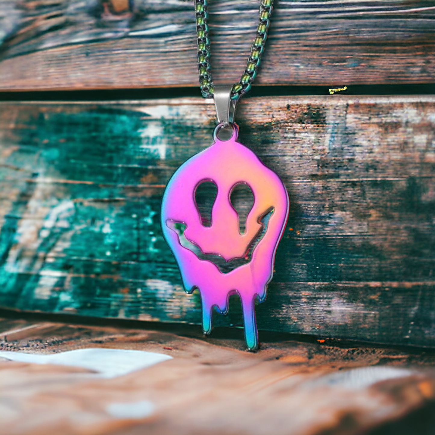 Iridescent Drip Smiley Face Necklace