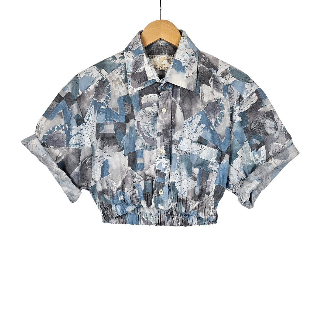 Reworked Cropped Shirt with Blue Grey Sketch Print