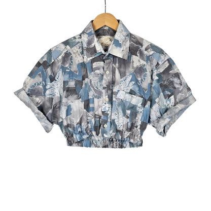 Reworked Cropped Shirt with Blue Grey Sketch Print