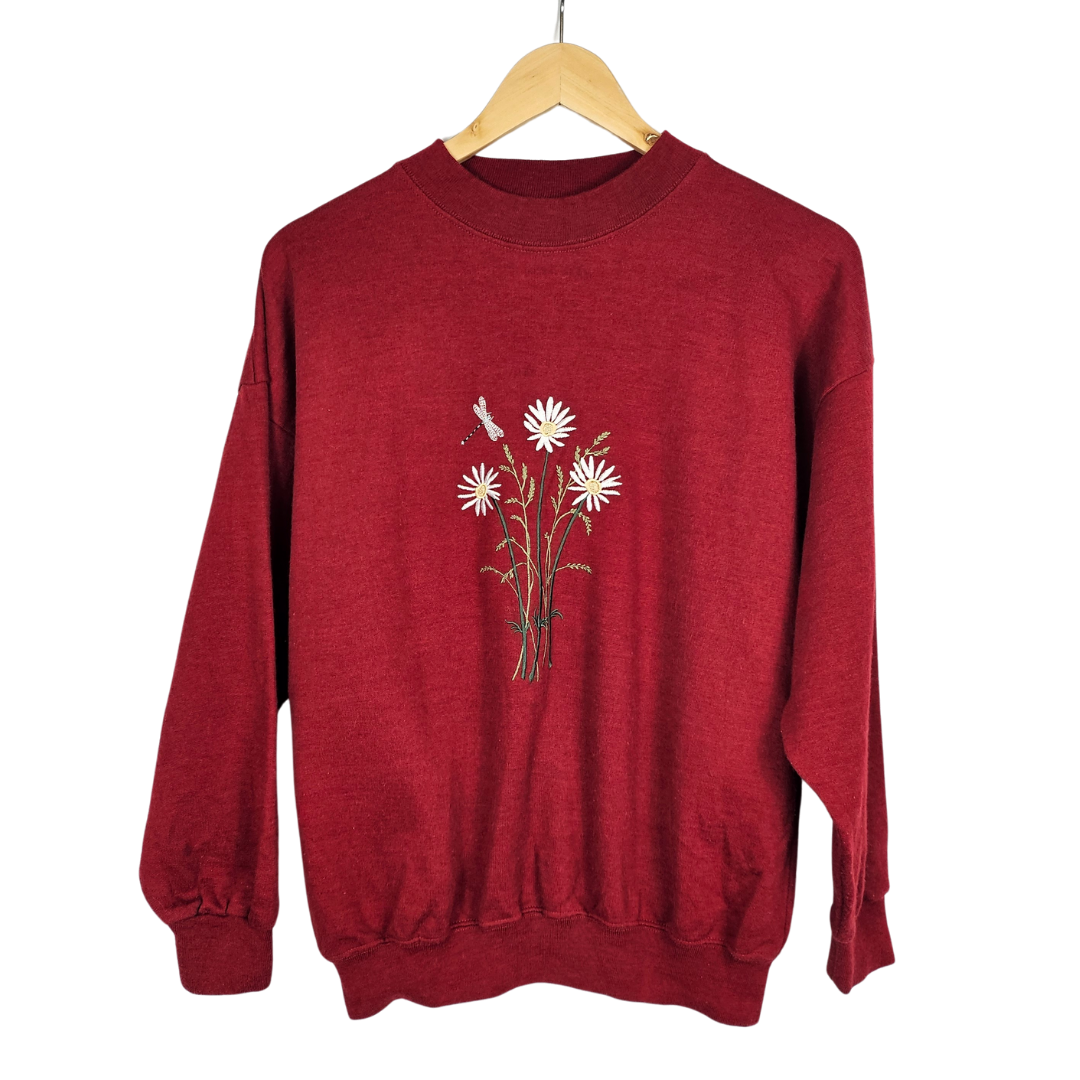 Oak Tree Leisure Floral Dragonfly Embroidered Sweatshirt - S/M