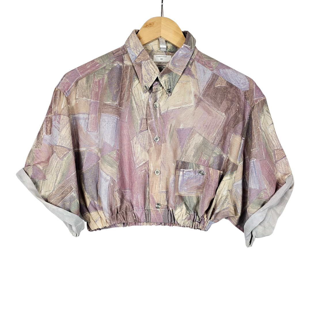 Reworked Cropped Shirt with Pink Artistic Print