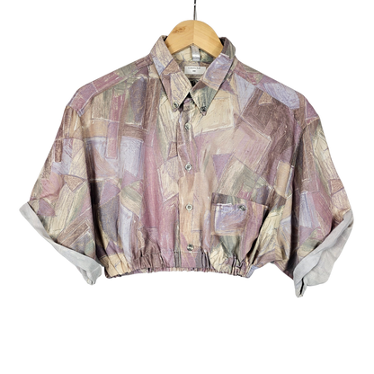 Reworked Cropped Shirt with Pink Artistic Print