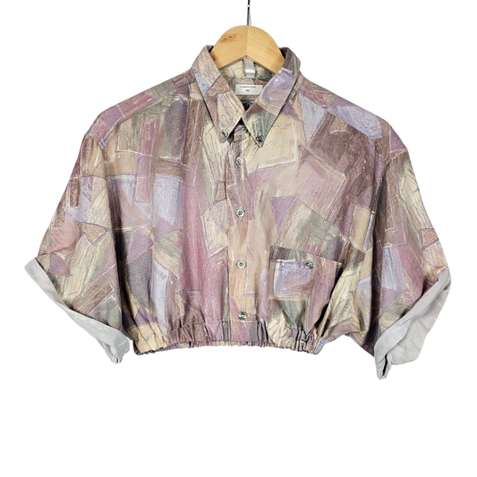 Reworked Cropped Shirt with Pink Artistic Print