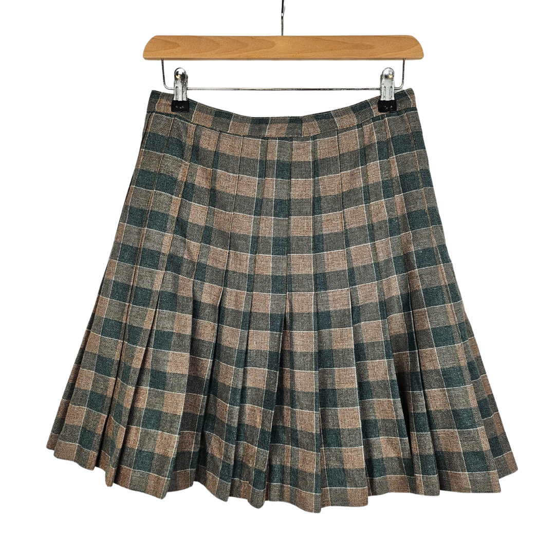 Brown and Green Check Pleated Skirt