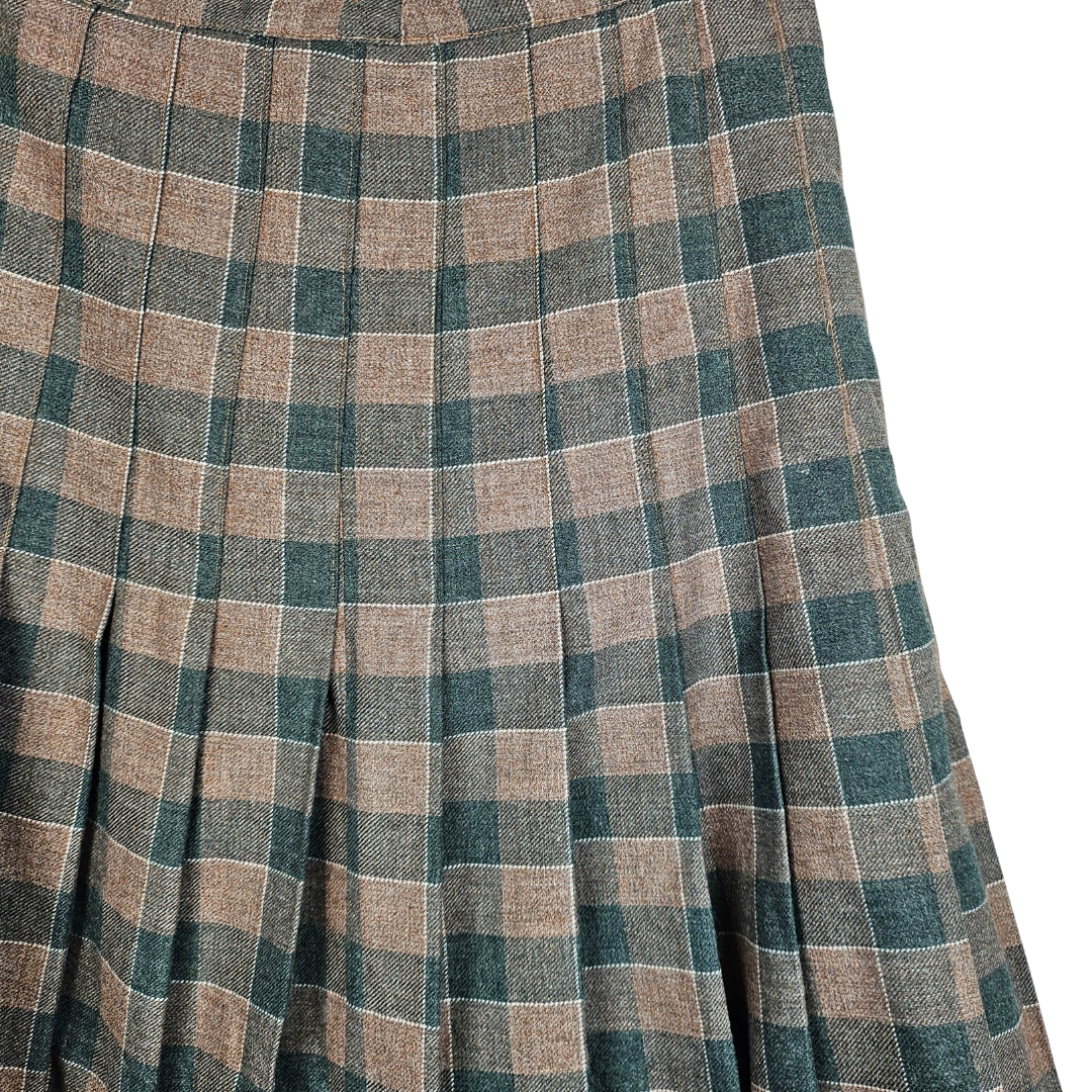 Brown and Green Check Pleated Skirt