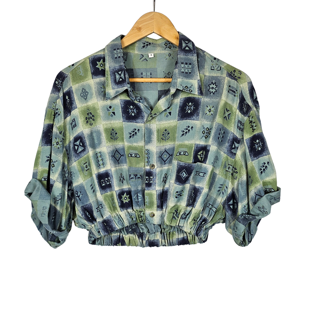 Reworked Cropped Shirt with Blue & Green Nordic Print