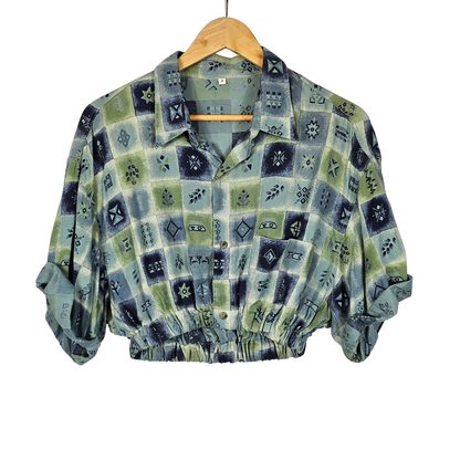 Reworked Cropped Shirt with Blue & Green Nordic Print