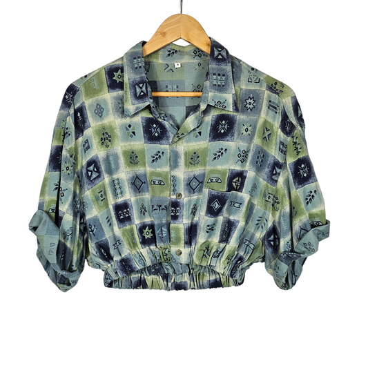 Reworked Cropped Shirt with Blue & Green Nordic Print