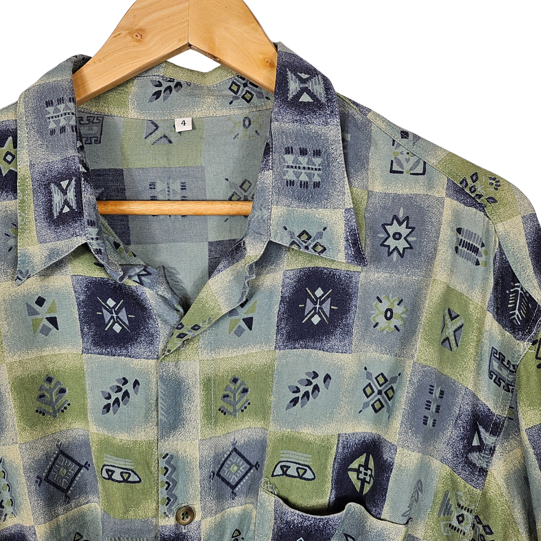 Reworked Cropped Shirt with Blue & Green Nordic Print