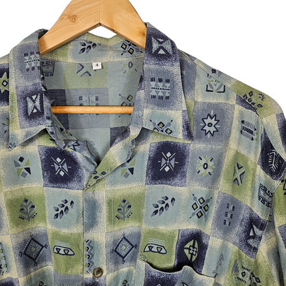 Reworked Cropped Shirt with Blue & Green Nordic Print