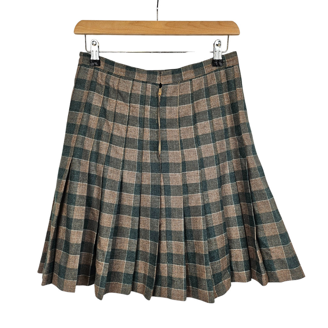 Brown and Green Check Pleated Skirt