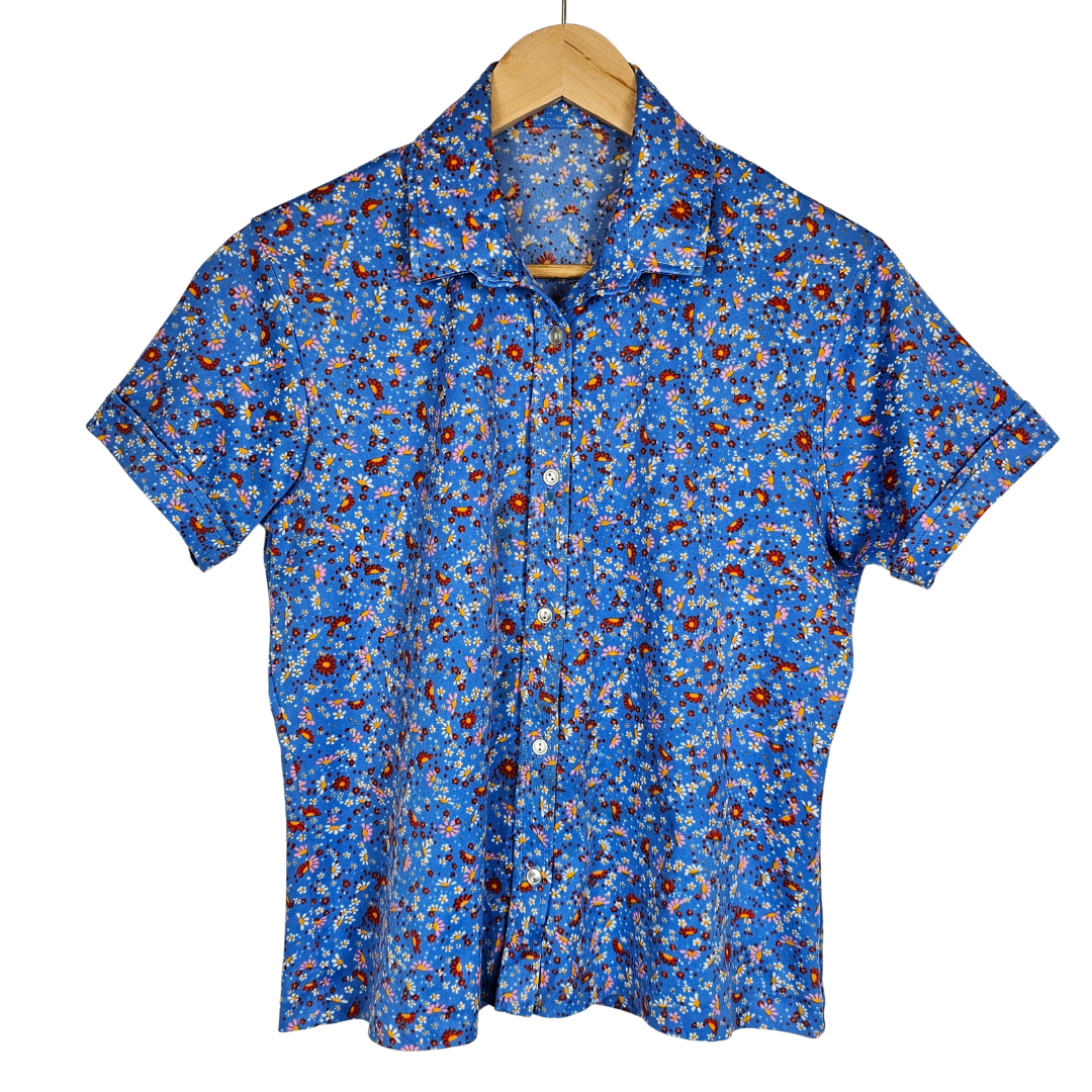 Blue Ditsy Floral Print Retro Shirt