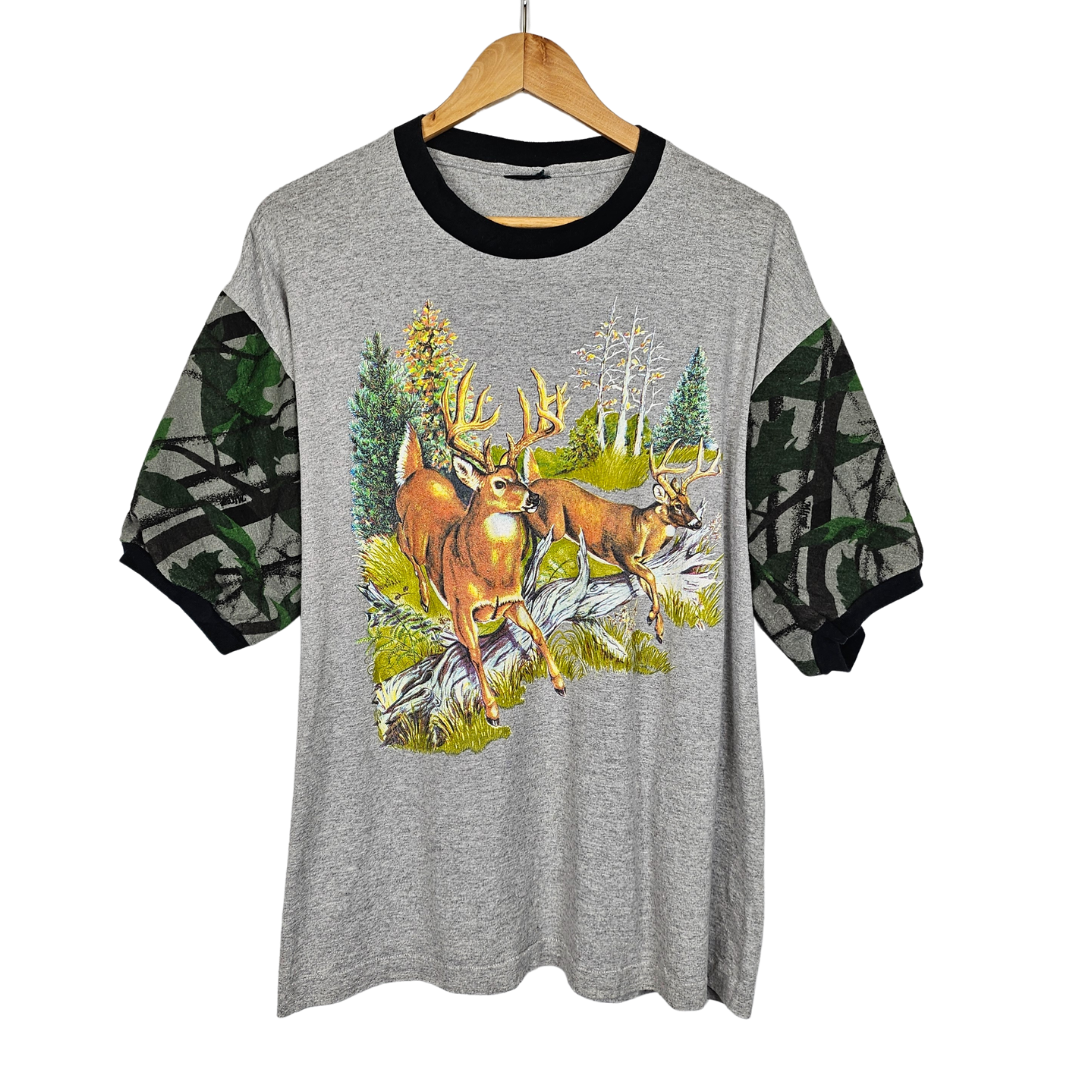 Deer Print T-Shirt with Camo sleeves - L