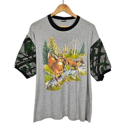 Deer Print T-Shirt with Camo sleeves - L