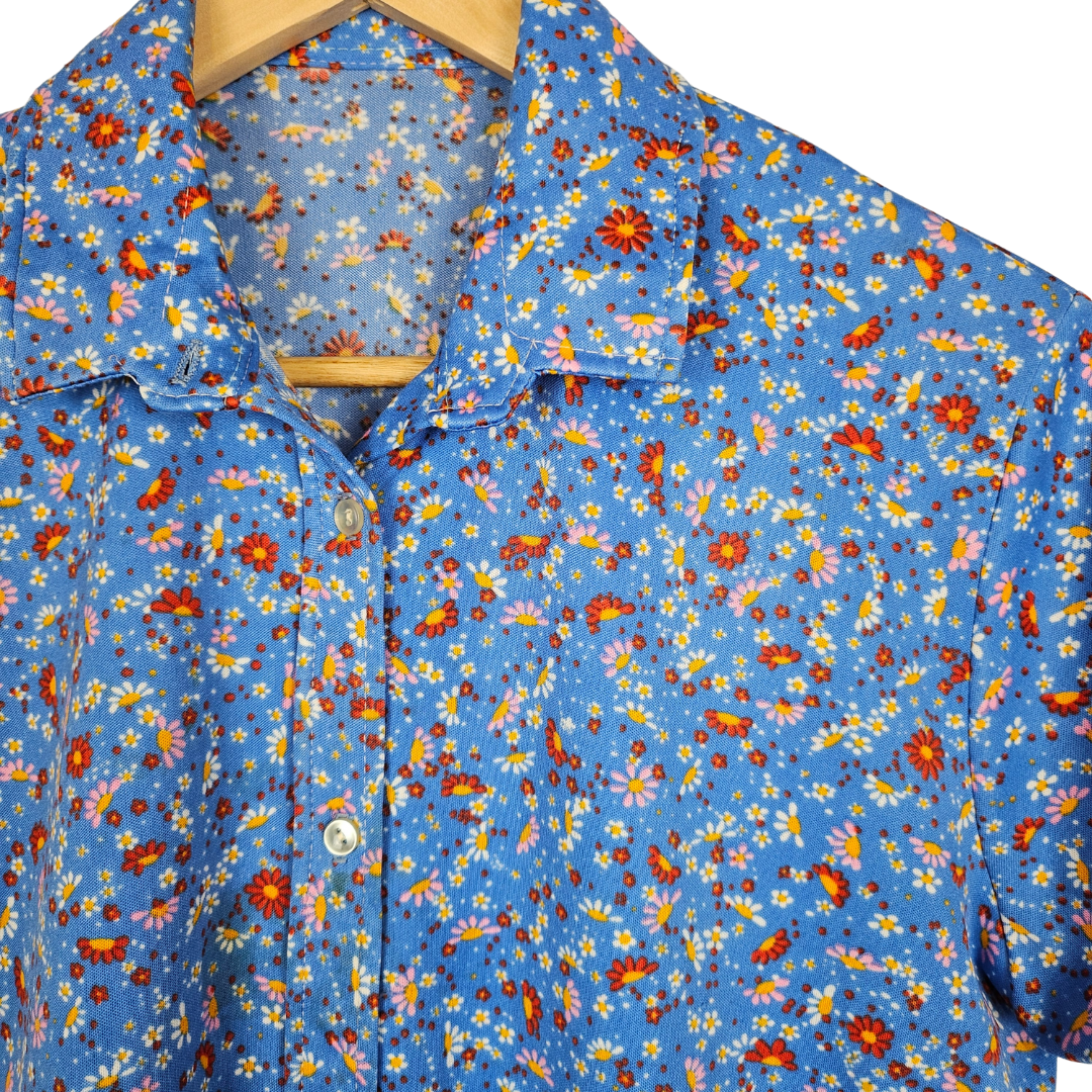 Blue Ditsy Floral Print Retro Shirt