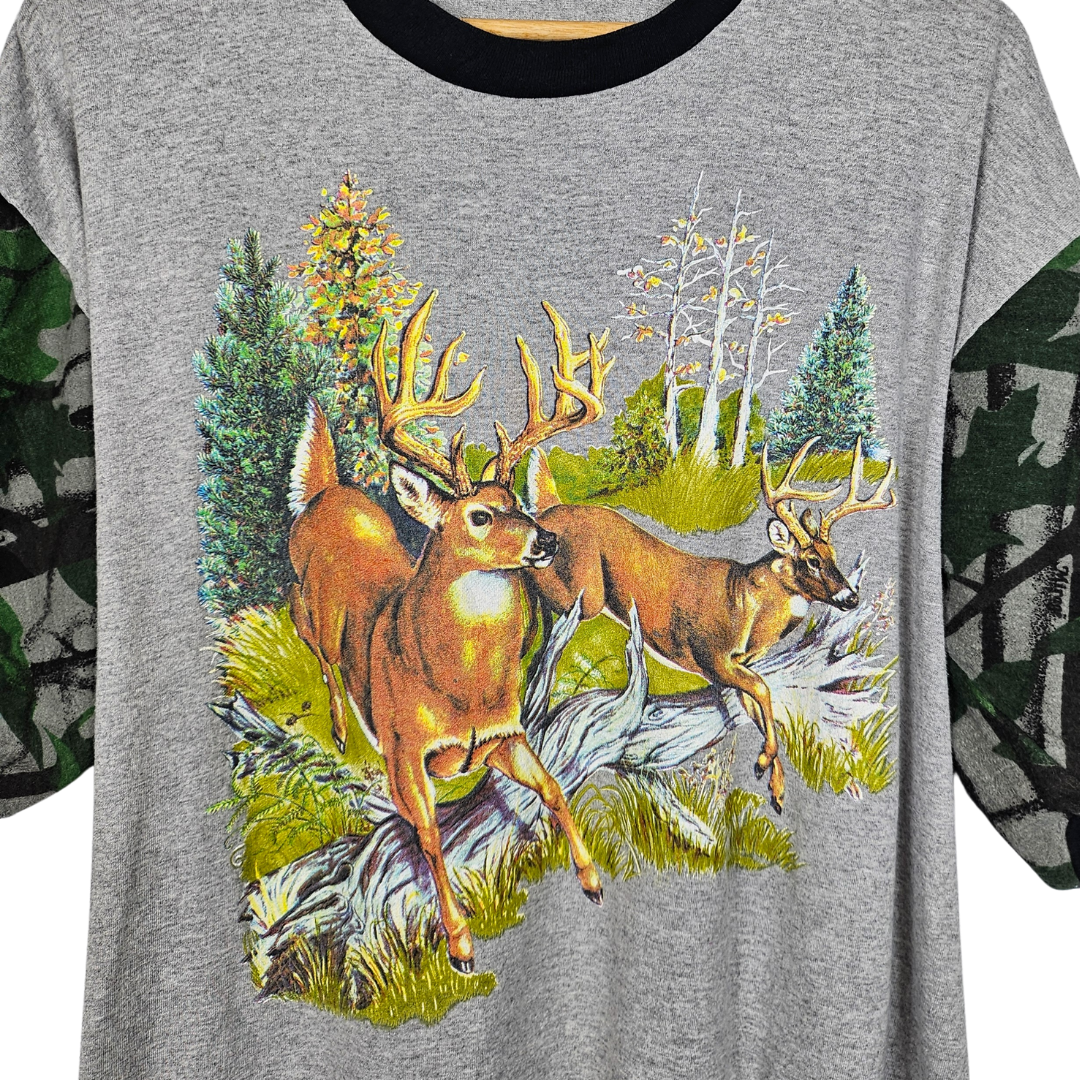 Deer Print T-Shirt with Camo sleeves - L