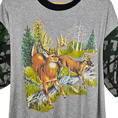 Deer Print T-Shirt with Camo sleeves - L