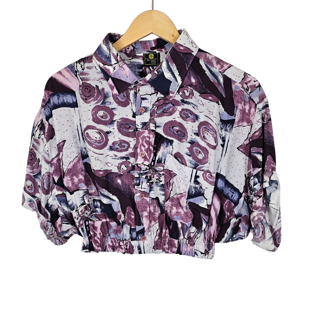 Reworked Cropped Shirt With Purple Abstract Print