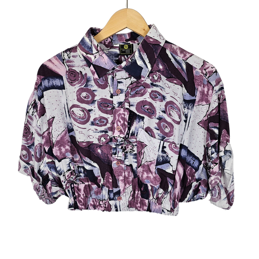 Reworked Cropped Shirt With Purple Abstract Print