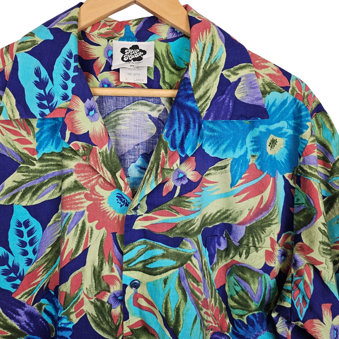 Hilo Hattie Blue Tropical Print Hawaiian Shirt -