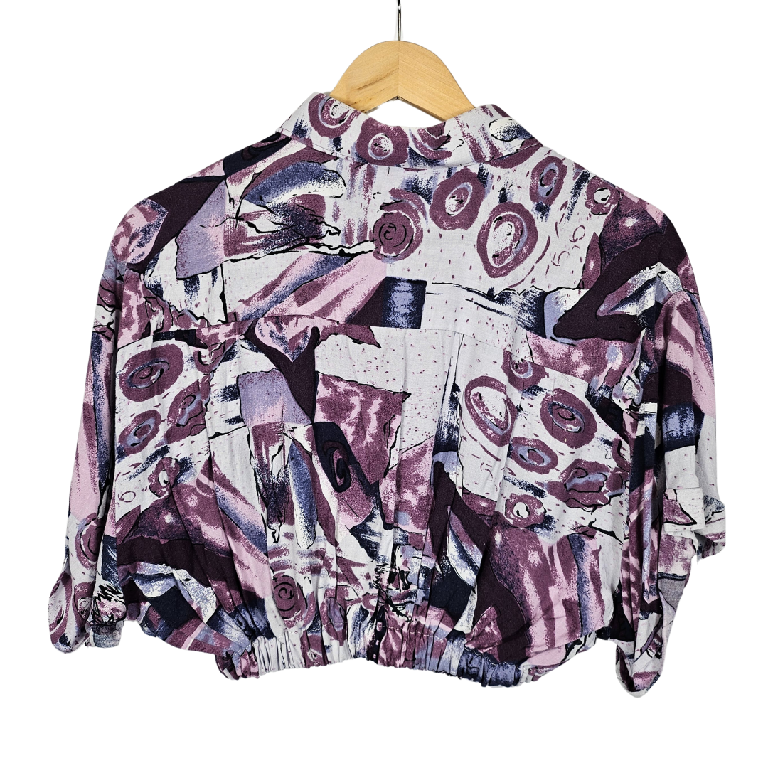 Reworked Cropped Shirt With Purple Abstract Print