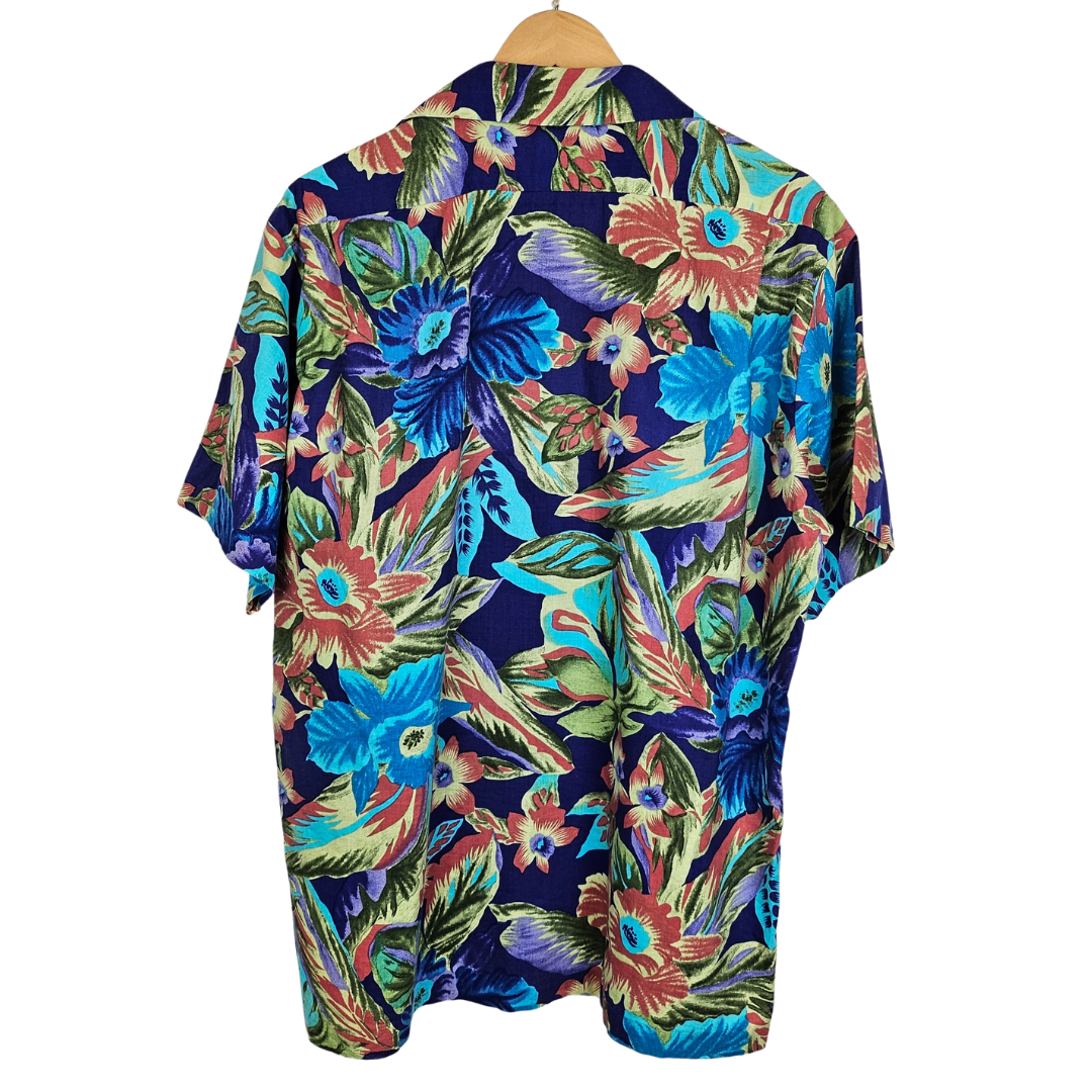 Hilo Hattie Blue Tropical Print Hawaiian Shirt -