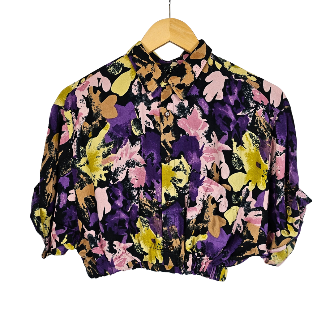 Reworked Cropped Shirt with Yellow and Purple Floral Print