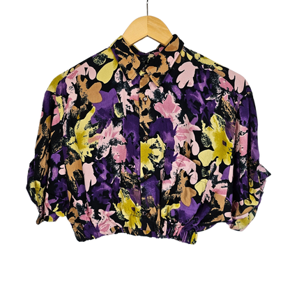 Reworked Cropped Shirt with Yellow and Purple Floral Print