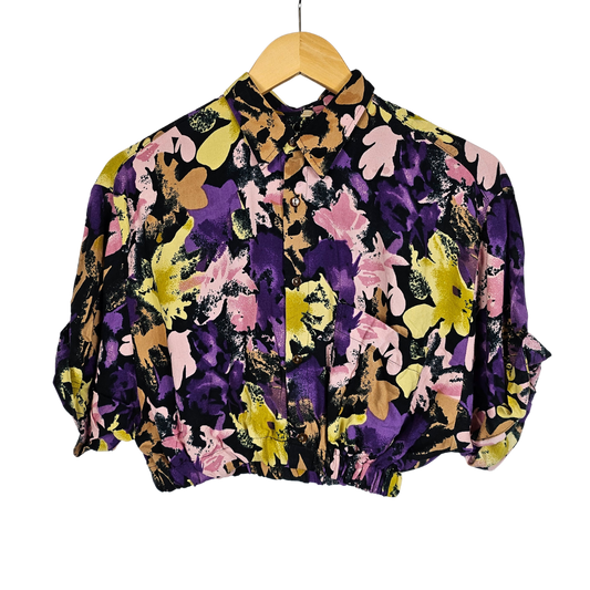 Reworked Cropped Shirt with Yellow and Purple Floral Print