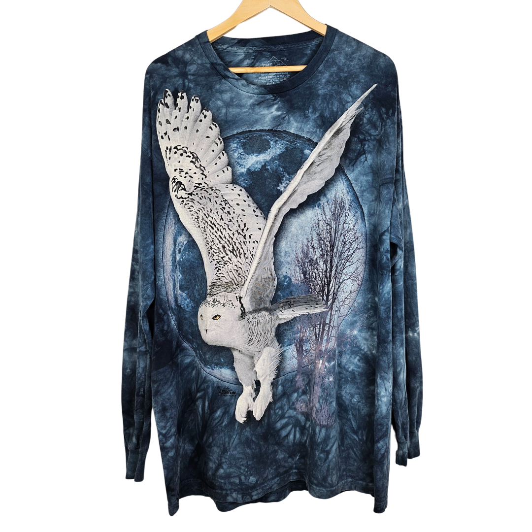 The Mountain Acid Wash Snowy Owl and Moon Print Long-sleeved T-Shirt - XL