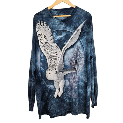 The Mountain Acid Wash Snowy Owl and Moon Print Long-sleeved T-Shirt - XL