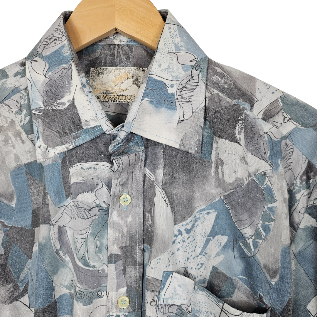 Reworked Cropped Shirt with Blue Grey Sketch Print