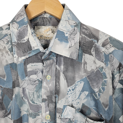 Reworked Cropped Shirt with Blue Grey Sketch Print