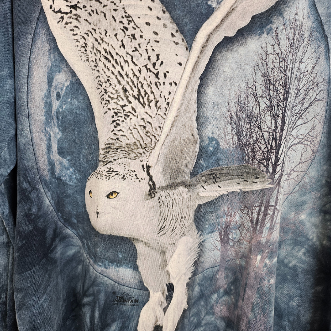 The Mountain Acid Wash Snowy Owl and Moon Print Long-sleeved T-Shirt - XL