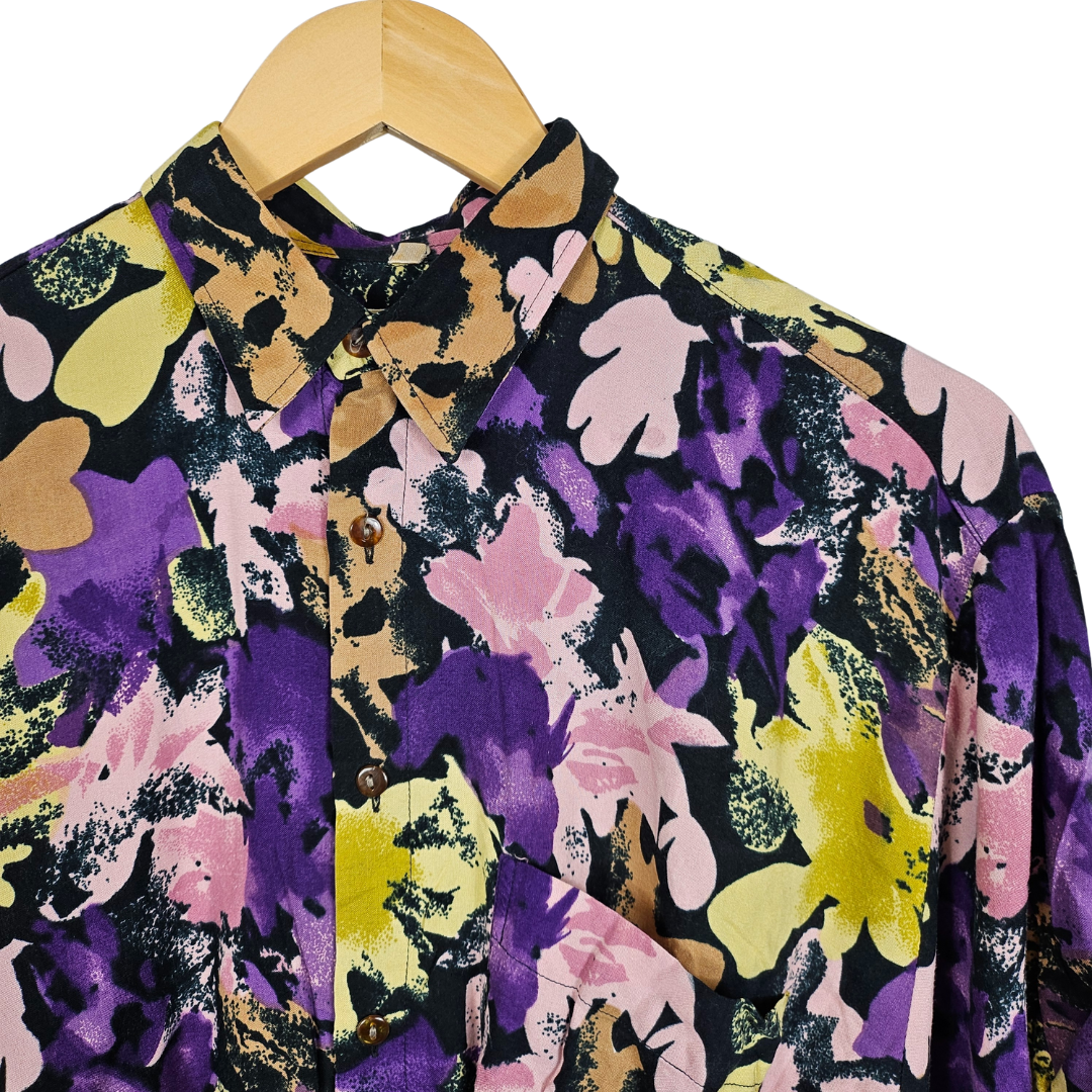 Reworked Cropped Shirt with Yellow and Purple Floral Print