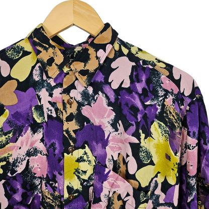 Reworked Cropped Shirt with Yellow and Purple Floral Print