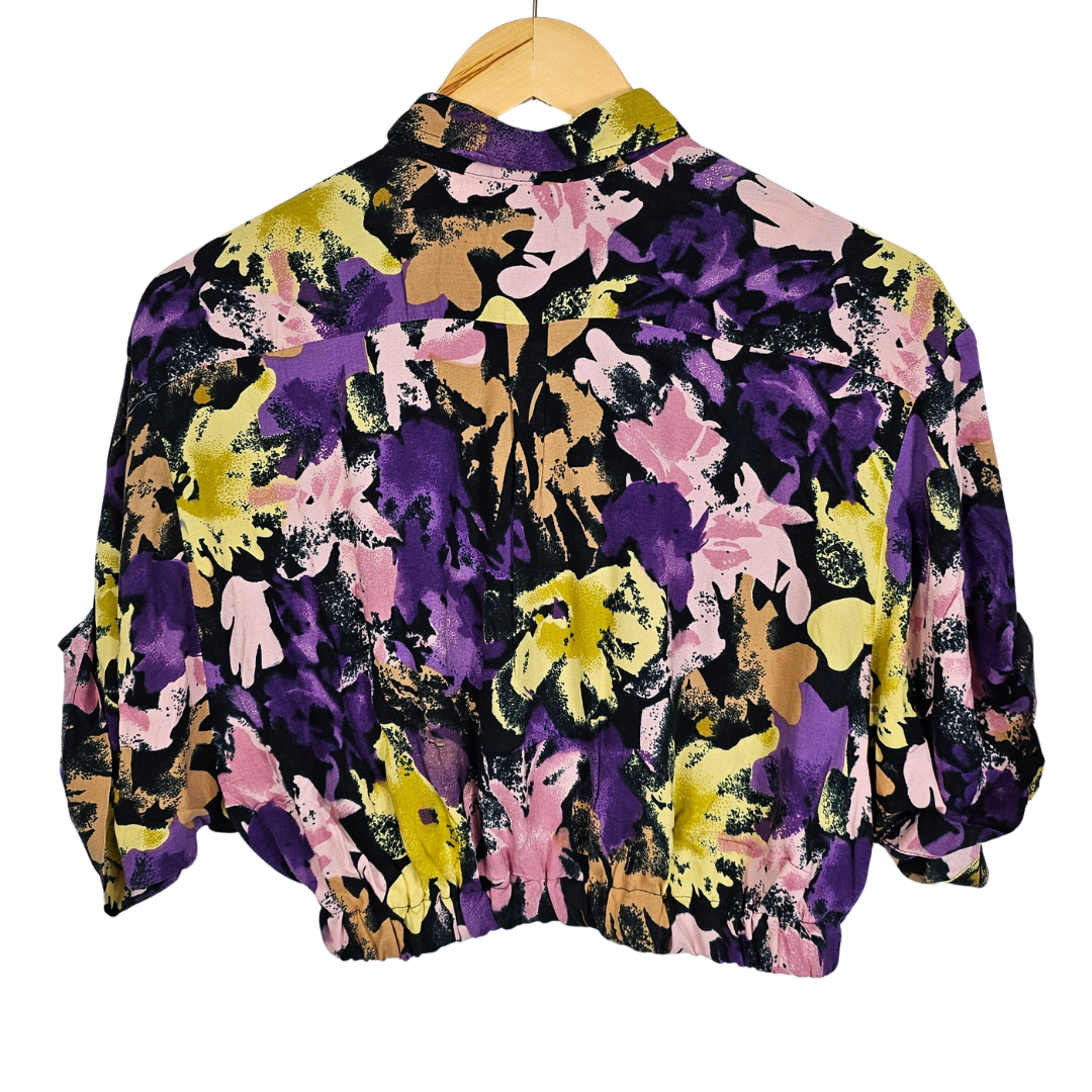 Reworked Cropped Shirt with Yellow and Purple Floral Print