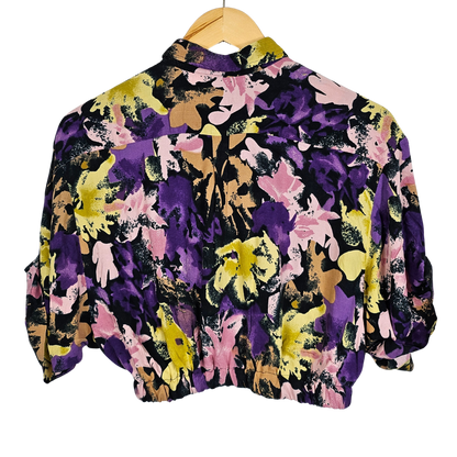 Reworked Cropped Shirt with Yellow and Purple Floral Print