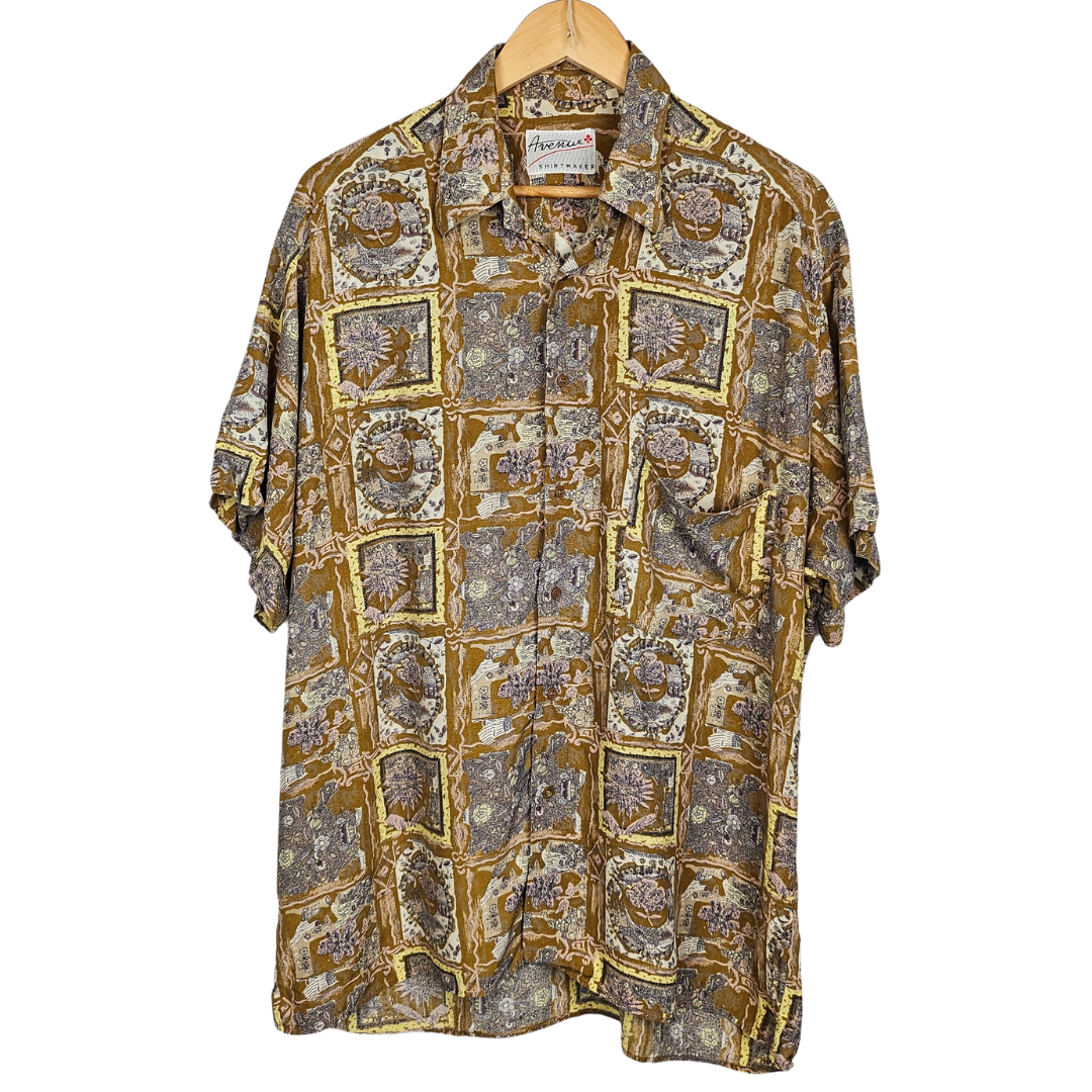 Avenue Shirtmaker Tan and Yellow Retro Floral Tile Print Short-sleeved Shirt